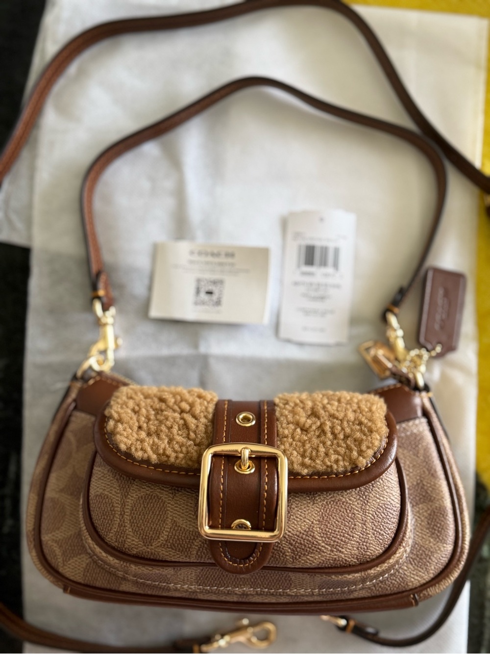 Coach Brown Signature Canvas Saddle Bag with Shearling Trim